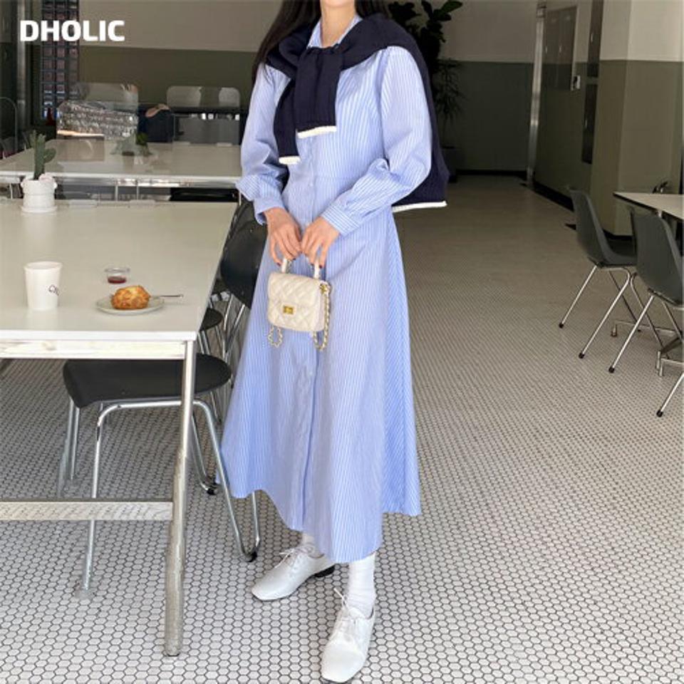 ストライプシャツワンピース・全2色・b00367 レディース 【ops】韓国ファッション ワンピース ロング ロングワンピース 長袖 カラーネック フレア ストライプ リボン シャツワンピース ロング丈 シンプル フェミニン 春 秋 冬