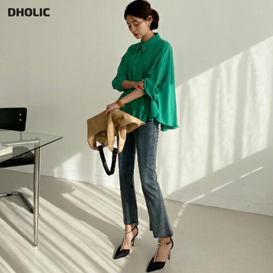 カラーネックフレアブラウス・全4色・b71698 レディース 【bl】トップス ブラウス 長袖 フレア 単色 無地 シンプル 大人 ギャザー アンバランス カラーアイテム フェミニン 体型カバー 春 秋 韓国ファッション ハイホリHIHOLLI