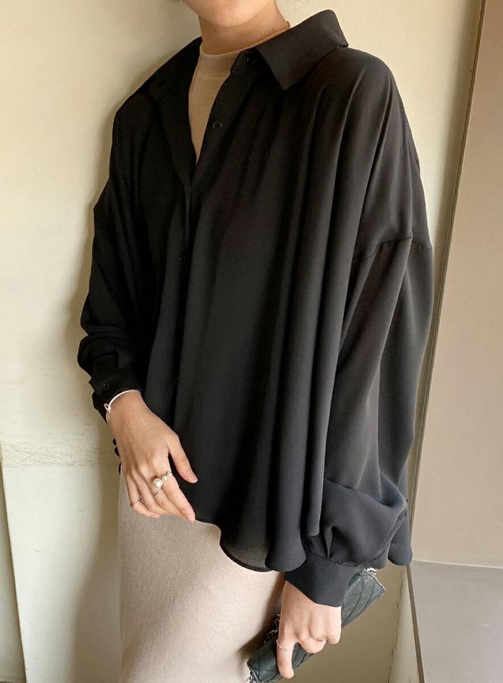 カラーネックフレアブラウス・全4色・b71698 レディース 【bl】トップス ブラウス 長袖 フレア 単色 無地 シンプル 大人 ギャザー アンバランス カラーアイテム フェミニン 体型カバー 春 秋 韓国ファッション ハイホリHIHOLLI