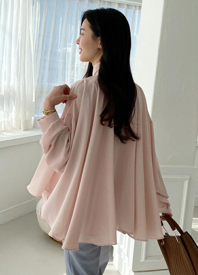 カラーネックフレアブラウス・全4色・b71698 レディース 【bl】トップス ブラウス 長袖 フレア 単色 無地 シンプル 大人 ギャザー アンバランス カラーアイテム フェミニン 体型カバー 春 秋 韓国ファッション ハイホリHIHOLLI