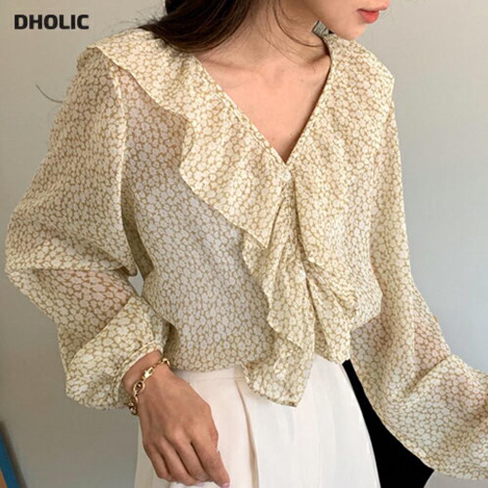 ≪人気商品再入荷≫フリルフローラルブラウス・全2色・t66712 レディース 【bl】韓国ファッション トップス ブラウス 長袖 Vネック フリル 花柄 フラワー フローラル シアー シンプル かわいい カジュアル フェミニン 体型カバー ガーリー 春 秋 冬