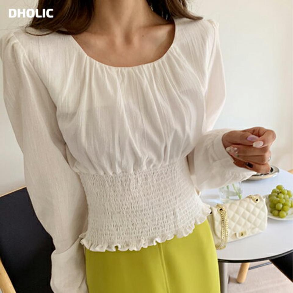 シャーリングクロップドブラウス・全3色・t66713 レディース 【bl】韓国ファッション トップス ブラウス 長袖 ラウンドネック シャーリング クロップド丈 ギャザー 無地 シンプル かわいい カジュアル フェミニン ガーリー 春 秋 冬