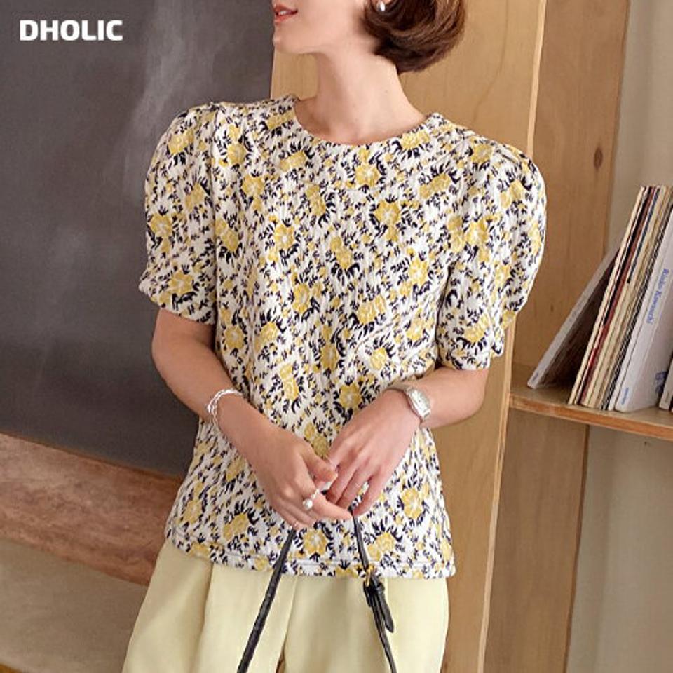 フローラルパフニット・全2色・t71687 レディース 【tops】トップス ニット 半袖 ハーフスリーブ パフ袖 パフスリーブ 花柄 大人 フェミニン かわいい クロップド丈 ラウンドネック 可愛い 春 秋 韓国ファッション ハイホリHIHOLLI