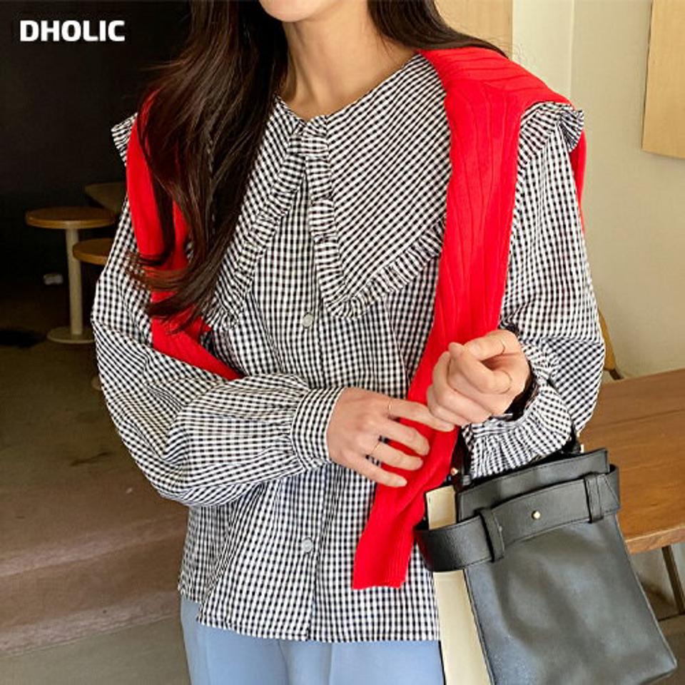 2TYPEフリルビッグカラーブラウス・全2色・t71693 レディース 【bl】トップス ブラウス 長袖 チェック柄 ギンガムチェック 襟コン フリル 単色 無地 シンプル ガーリー かわいい パフ袖 パフスリーブ 春 秋 韓国ファッション ハイホリHIHOLLI