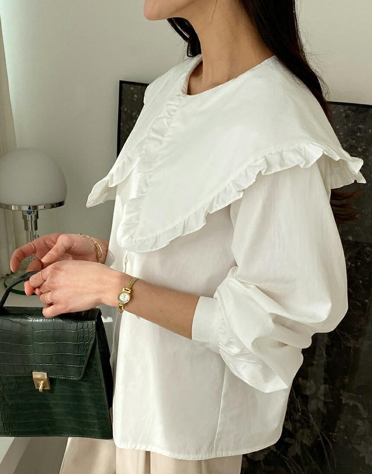 2TYPEフリルビッグカラーブラウス・全2色・t71693 レディース 【bl】トップス ブラウス 長袖 チェック柄 ギンガムチェック 襟コン フリル 単色 無地 シンプル ガーリー かわいい パフ袖 パフスリーブ 春 秋 韓国ファッション ハイホリHIHOLLI