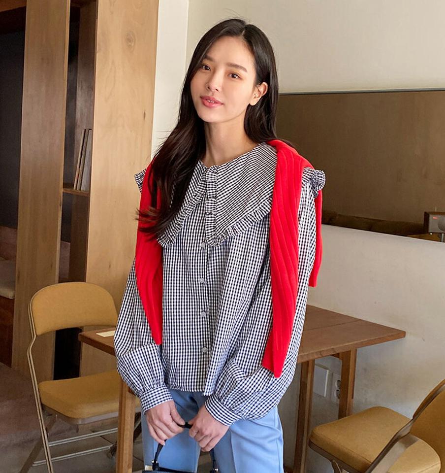 2TYPEフリルビッグカラーブラウス・全2色・t71693 レディース 【bl】トップス ブラウス 長袖 チェック柄 ギンガムチェック 襟コン フリル 単色 無地 シンプル ガーリー かわいい パフ袖 パフスリーブ 春 秋 韓国ファッション ハイホリHIHOLLI