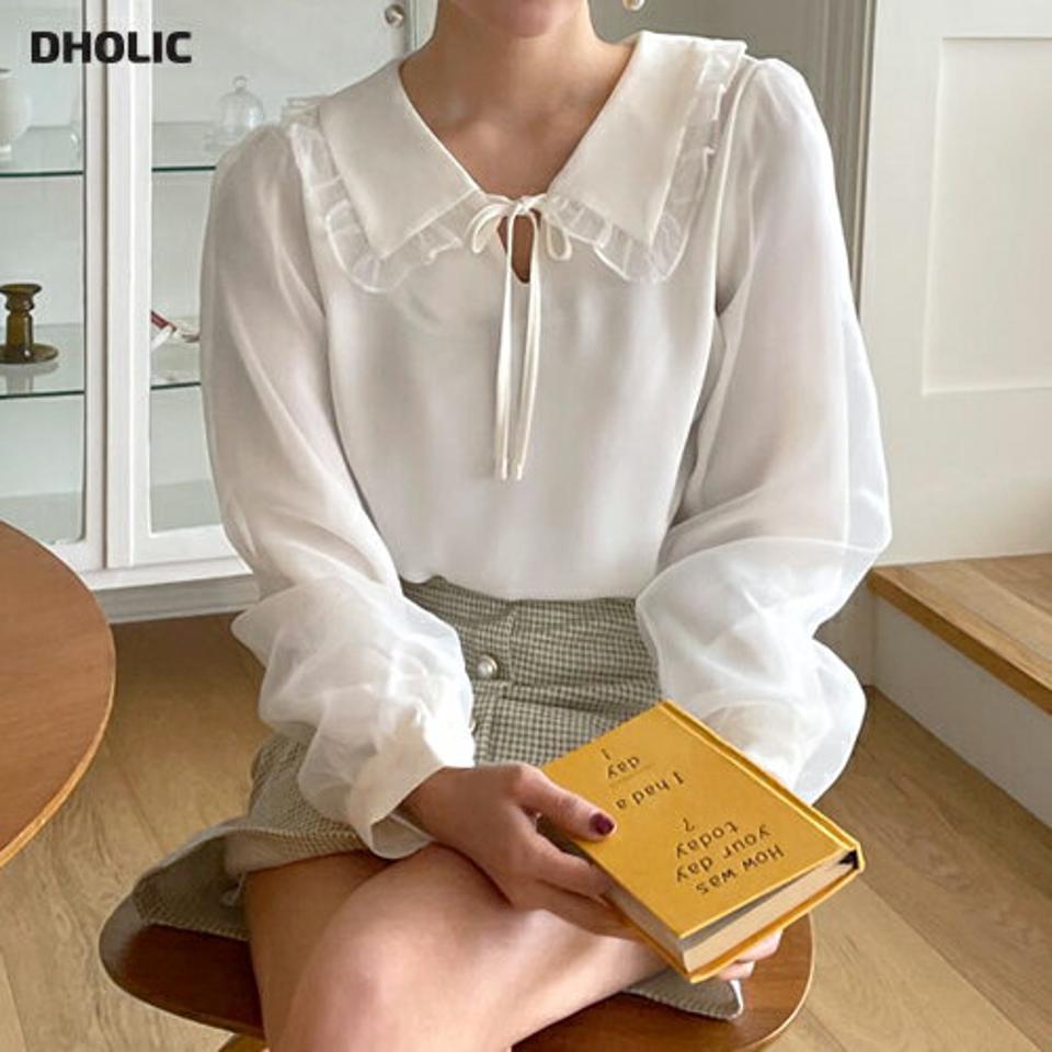 フリルカラーリボンシフォンブラウス・全3色・t00357 レディース 【bl】韓国ファッション トップス ブラウス 長袖 カラーネック 襟コンシャス フリル スリット リボン シフォン シンプル かわいい フェミニン 体型カバー ガーリー 春 秋 冬