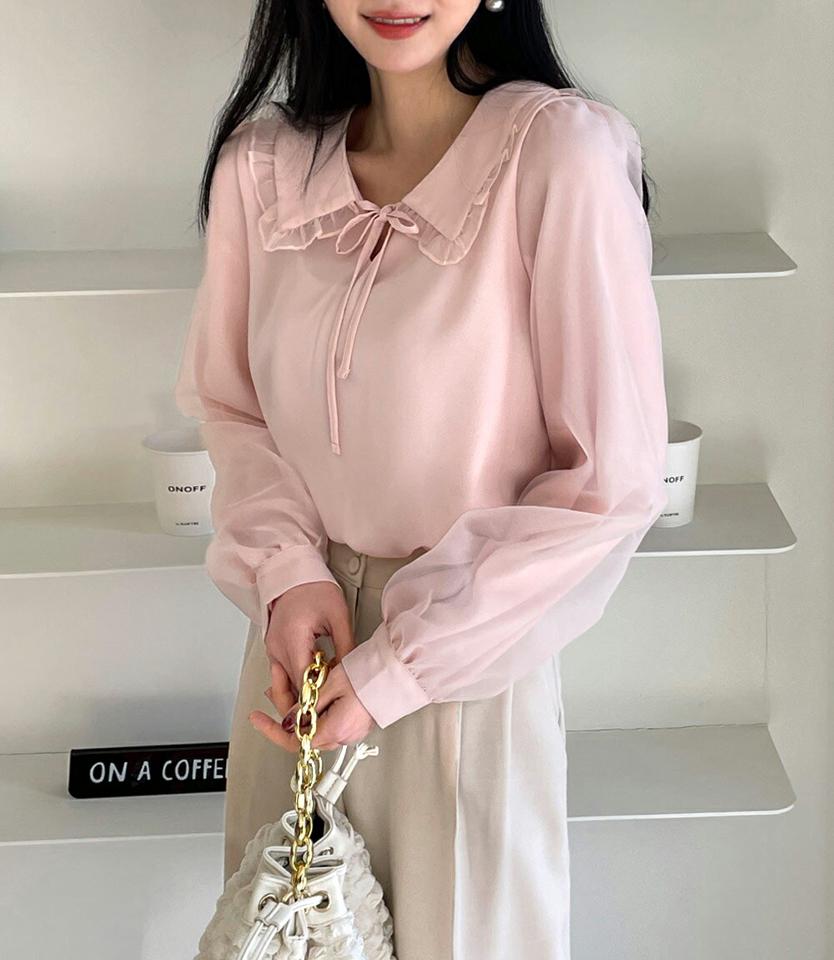 フリルカラーリボンシフォンブラウス・全3色・t00357 レディース 【bl】韓国ファッション トップス ブラウス 長袖 カラーネック 襟コンシャス フリル スリット リボン シフォン シンプル かわいい フェミニン 体型カバー ガーリー 春 秋 冬