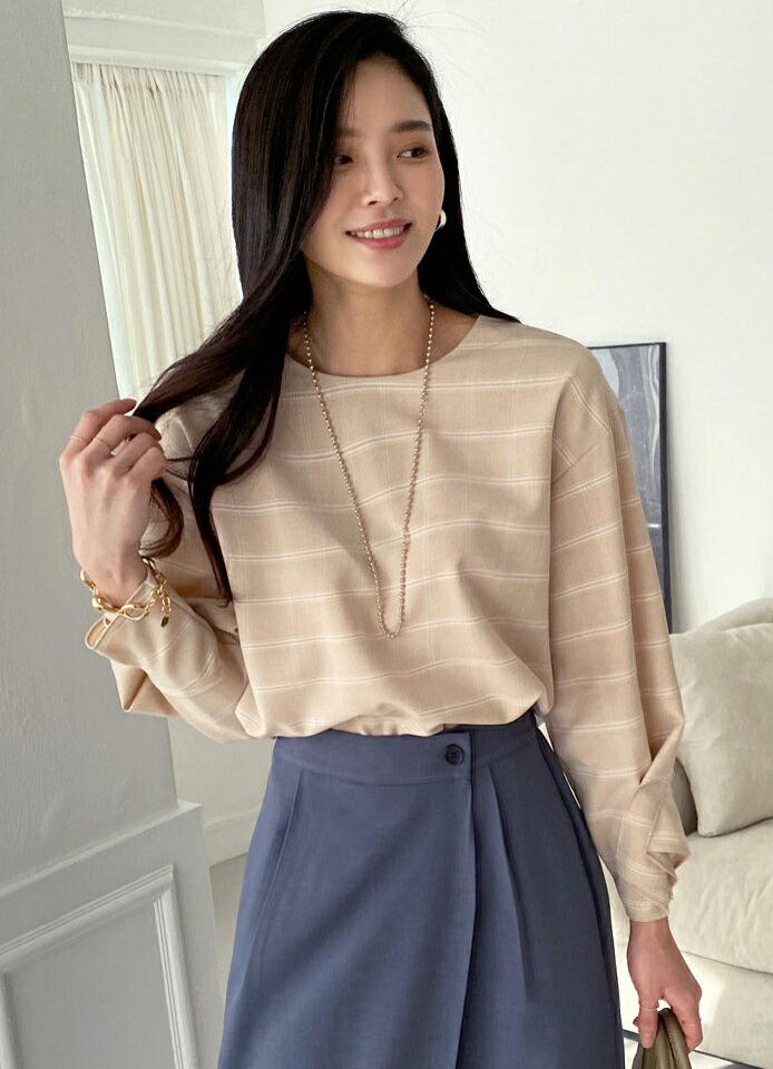 チェックタックスリーブブラウス・全3色・b71697 レディース 【bl】トップス ブラウス 七分丈 七分袖 7分丈 7分袖 チェック柄 タック 大人 ピンタック かわいい フェミニン 淡い 春 秋 韓国ファッション ハイホリHIHOLLI