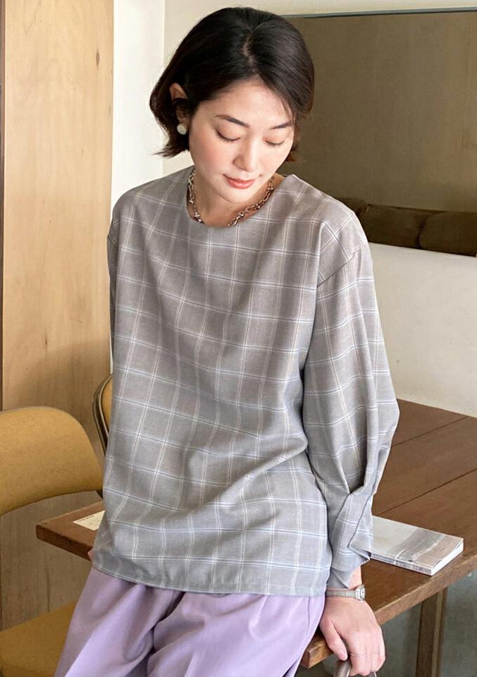 チェックタックスリーブブラウス・全3色・b71697 レディース 【bl】トップス ブラウス 七分丈 七分袖 7分丈 7分袖 チェック柄 タック 大人 ピンタック かわいい フェミニン 淡い 春 秋 韓国ファッション ハイホリHIHOLLI