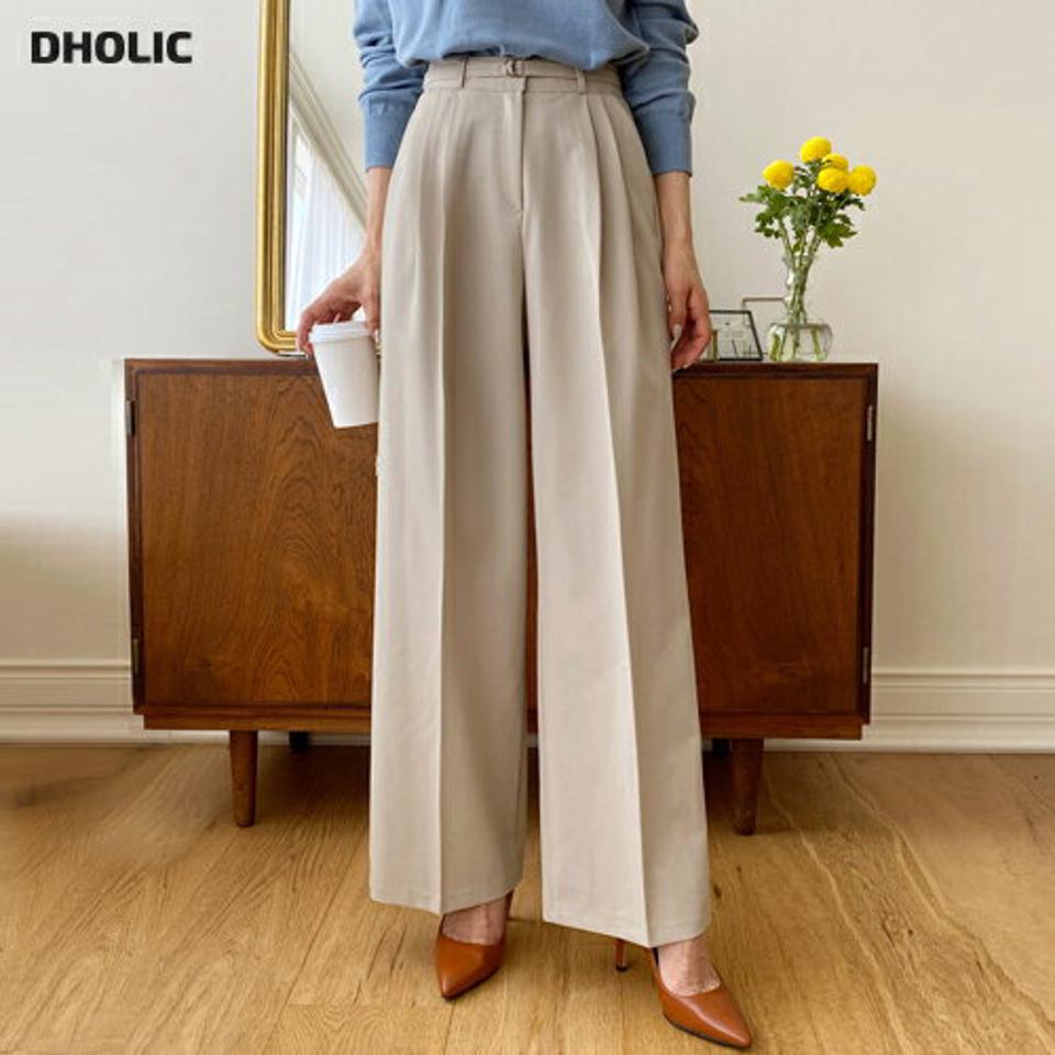ベルト付ツータックワイドスラックス・全3色・t00375 レディース 【pt】韓国ファッション ボトムス ロング ロングパンツ スラックスパンツ スラックス ベルト付 ツータック ワイド 無地 シンプル フェミニン カジュアル 春 秋 冬