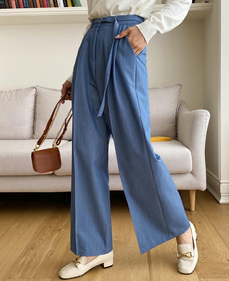 ベルト付ツータックワイドスラックス・全3色・t00375 レディース 【pt】韓国ファッション ボトムス ロング ロングパンツ スラックスパンツ スラックス ベルト付 ツータック ワイド 無地 シンプル フェミニン カジュアル 春 秋 冬