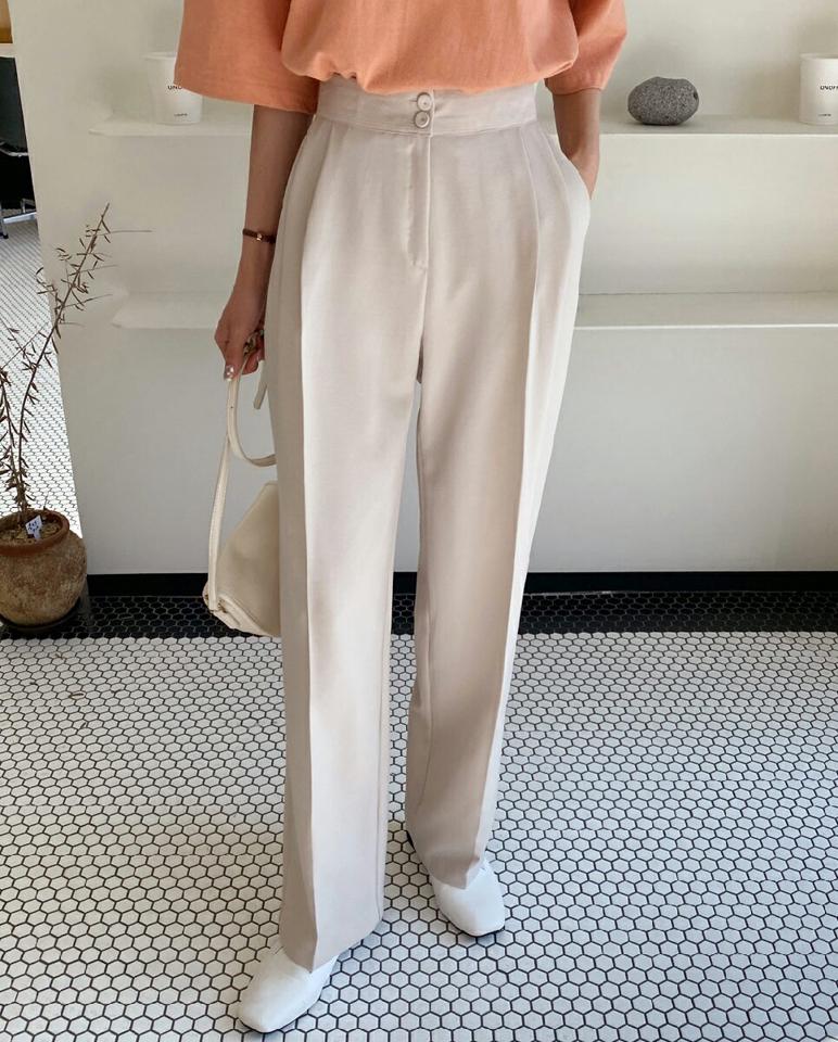 くるみボタンストレートスラックス・全3色・t00374 レディース 【pt】韓国ファッション ボトムス ロング ロングパンツ スラックスパンツ スラックス くるみボタン ストレート ツータック 無地 シンプル 体型カバー フェミニン カジュアル 春 秋 冬