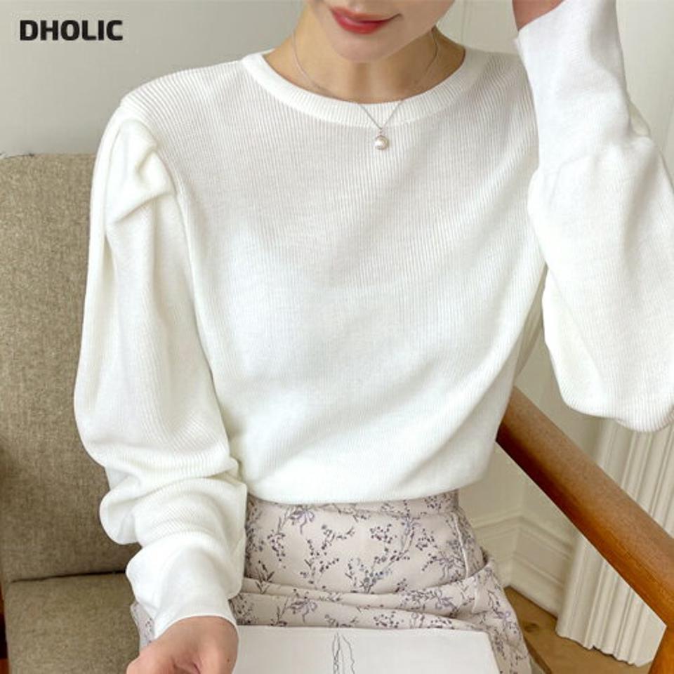 パフラウンドニット・全3色・b00359 レディース 【tops】韓国ファッション トップス ニット 大人 長袖 ラウンドネック パフスリーブ 無地 ベーシック シンプル フェミニン カジュアル デイリー 春 秋 冬