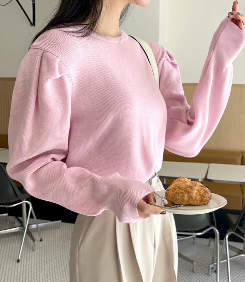 パフラウンドニット・全3色・b00359 レディース 【tops】韓国ファッション トップス ニット 大人 長袖 ラウンドネック パフスリーブ 無地 ベーシック シンプル フェミニン カジュアル デイリー 春 秋 冬