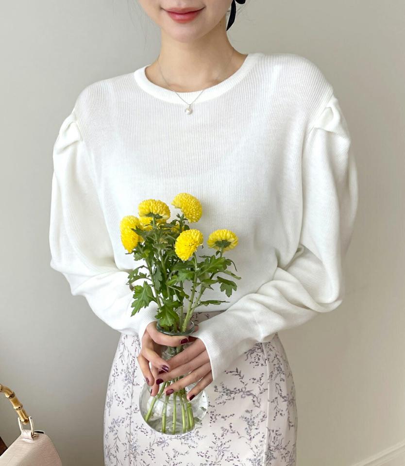 パフラウンドニット・全3色・b00359 レディース 【tops】韓国ファッション トップス ニット 大人 長袖 ラウンドネック パフスリーブ 無地 ベーシック シンプル フェミニン カジュアル デイリー 春 秋 冬