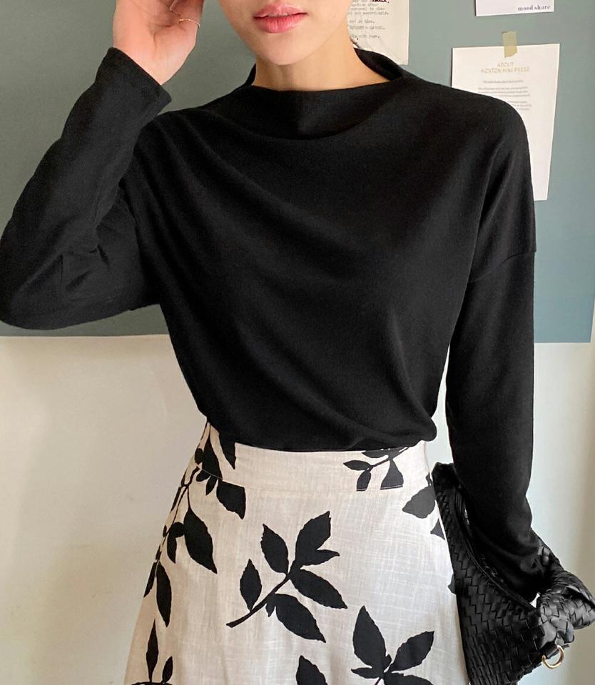 ハーフボートネックTシャツ・全5色・b71686 レディース 【tops】トップス 長袖 ボートネック 単色 無地 シンプル ベーシック　大人 カジュアル ドロップショルダー パステル ラフ　春 秋 韓国ファッション ハイホリHIHOLLI