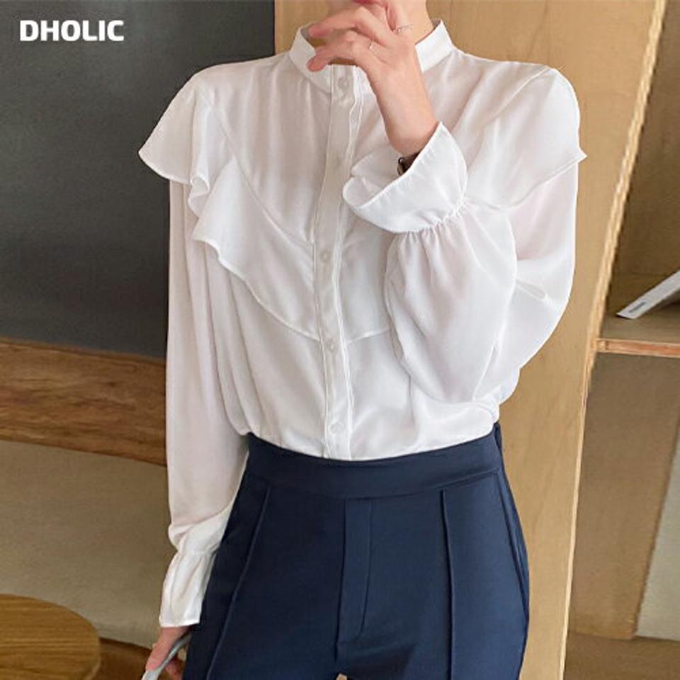 Vネックラッフルブラウス・全3色・t71694 レディース 【bl】トップス ブラウス 長袖 ラッフル Vネック フリル 単色 シンプル 無地 ガーリー フェミニン 大人 かわいい バンドカラー 春 秋 韓国ファッション ハイホリHIHOLLI