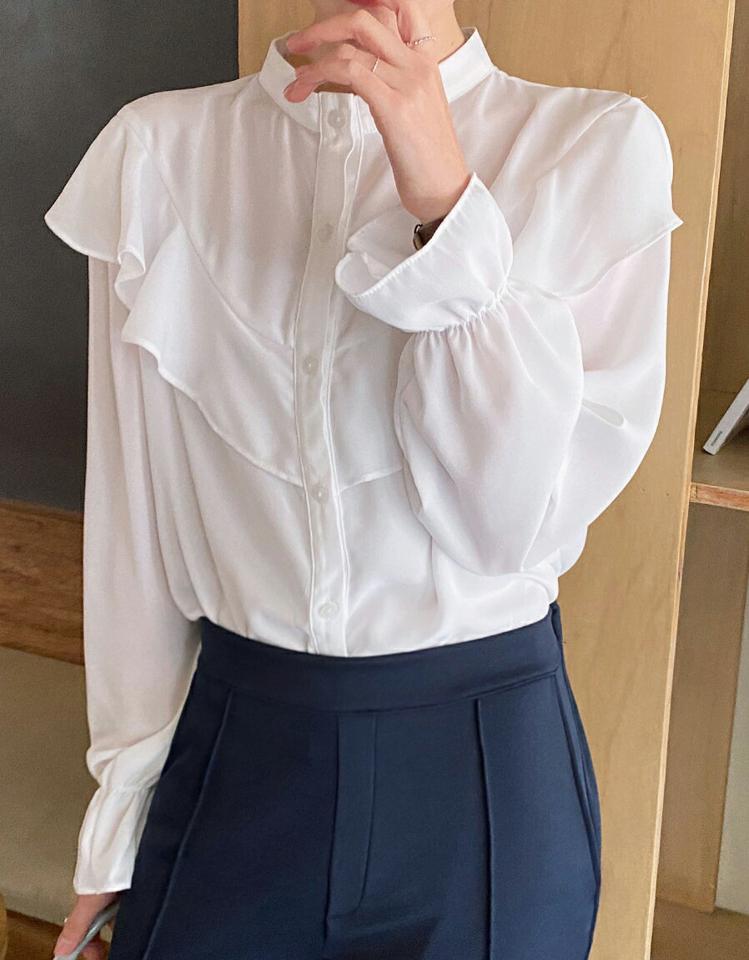 Vネックラッフルブラウス・全3色・t71694 レディース 【bl】トップス ブラウス 長袖 ラッフル Vネック フリル 単色 シンプル 無地 ガーリー フェミニン 大人 かわいい バンドカラー 春 秋 韓国ファッション ハイホリHIHOLLI