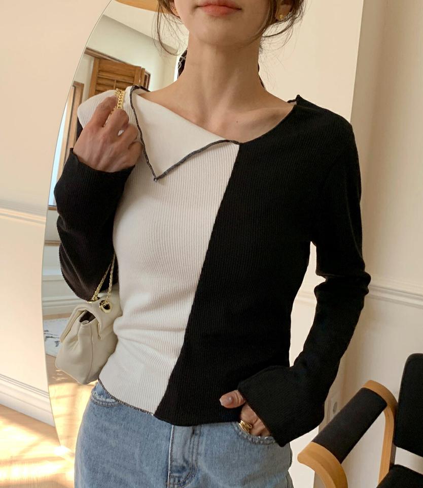 アンバランスコントラストリブTシャツ・全3色・t66705 レディース 【tops】韓国ファッション トップス Tシャツ 大人 長袖 アンバランスネック コントラスト リブ 配色 ユニーク シンプル スリム フェミニン カジュアル デイリー 春 秋 冬