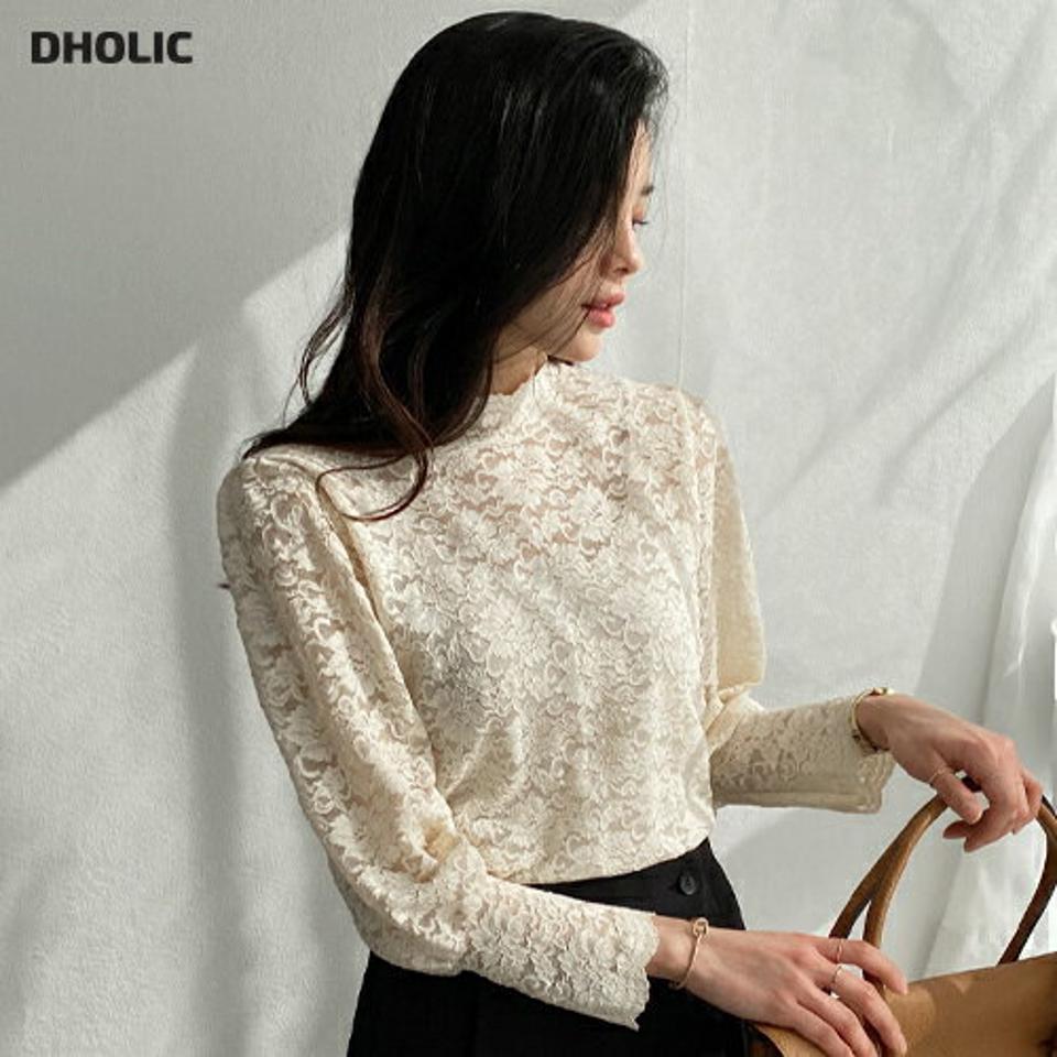 【マラソン特価】レースハーフネックブラウス・全3色・t71692 レディース 【bl】トップス ブラウス 長袖 総レース レース ハーフネック フェミニン 透け感 シアー シースルー 大人 スカラップ パフスリーブ パフ袖 襟コン 春 秋 韓国ファッション ハイホリHIHOLLI
