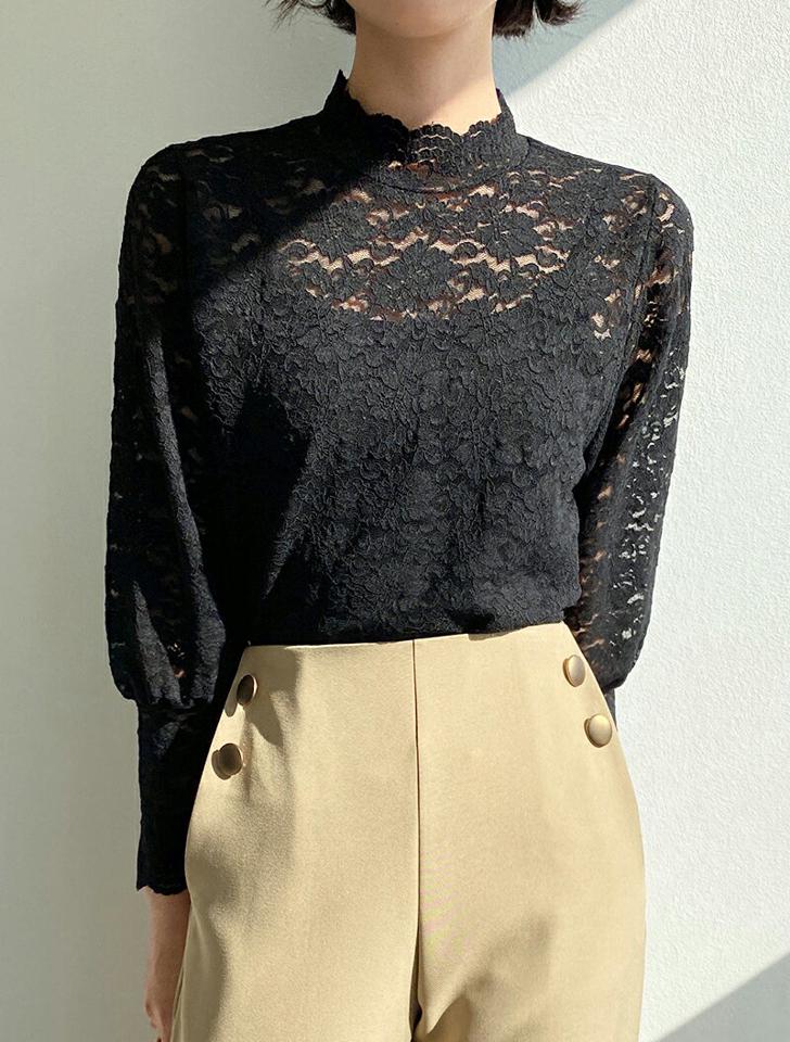 【マラソン特価】レースハーフネックブラウス・全3色・t71692 レディース 【bl】トップス ブラウス 長袖 総レース レース ハーフネック フェミニン 透け感 シアー シースルー 大人 スカラップ パフスリーブ パフ袖 襟コン 春 秋 韓国ファッション ハイホリHIHOLLI