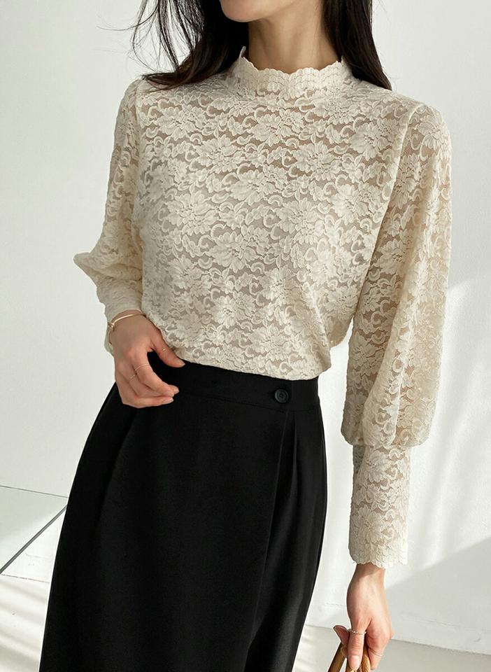 【マラソン特価】レースハーフネックブラウス・全3色・t71692 レディース 【bl】トップス ブラウス 長袖 総レース レース ハーフネック フェミニン 透け感 シアー シースルー 大人 スカラップ パフスリーブ パフ袖 襟コン 春 秋 韓国ファッション ハイホリHIHOLLI