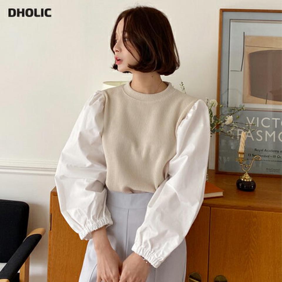 パフコントラストTシャツ・全3色・t66710 レディース 【tops】トップス Tシャツ 長袖 パフスリーブ パフ袖 異素材 コントラスト シンプル カジュアル スウェット ラウンドネック 秋 冬 かわいい 可愛い 韓国ファッション