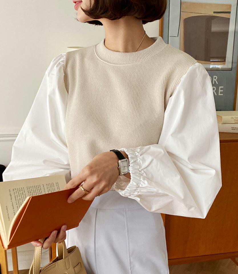 パフコントラストTシャツ・全3色・t66710 レディース 【tops】トップス Tシャツ 長袖 パフスリーブ パフ袖 異素材 コントラスト シンプル カジュアル スウェット ラウンドネック 秋 冬 かわいい 可愛い 韓国ファッション