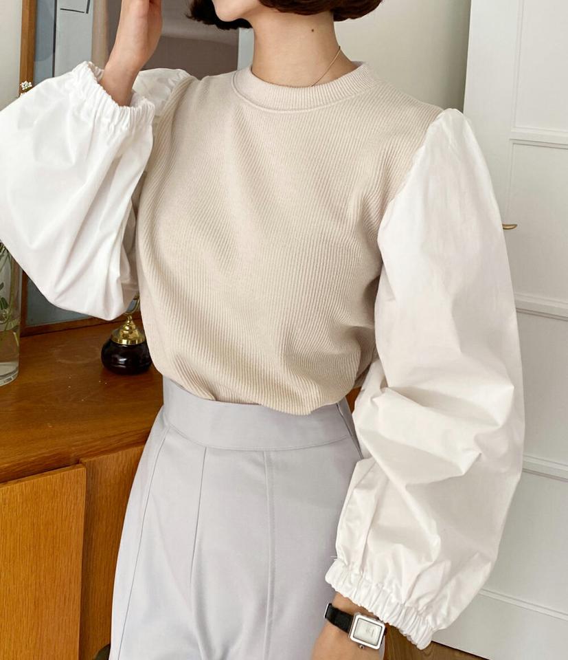 パフコントラストTシャツ・全3色・t66710 レディース 【tops】トップス Tシャツ 長袖 パフスリーブ パフ袖 異素材 コントラスト シンプル カジュアル スウェット ラウンドネック 秋 冬 かわいい 可愛い 韓国ファッション