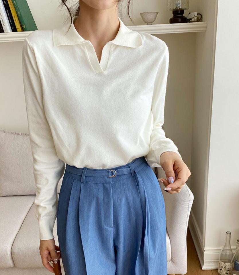 オープンカラーネックニット・全5色・t00356 レディース 【tops】韓国ファッション トップス ニット 大人 長袖 カラーネック オープンカラー スリット カラーアイテム カラーニット 無地 シンプル フェミニン カジュアル デイリー 春 秋 冬