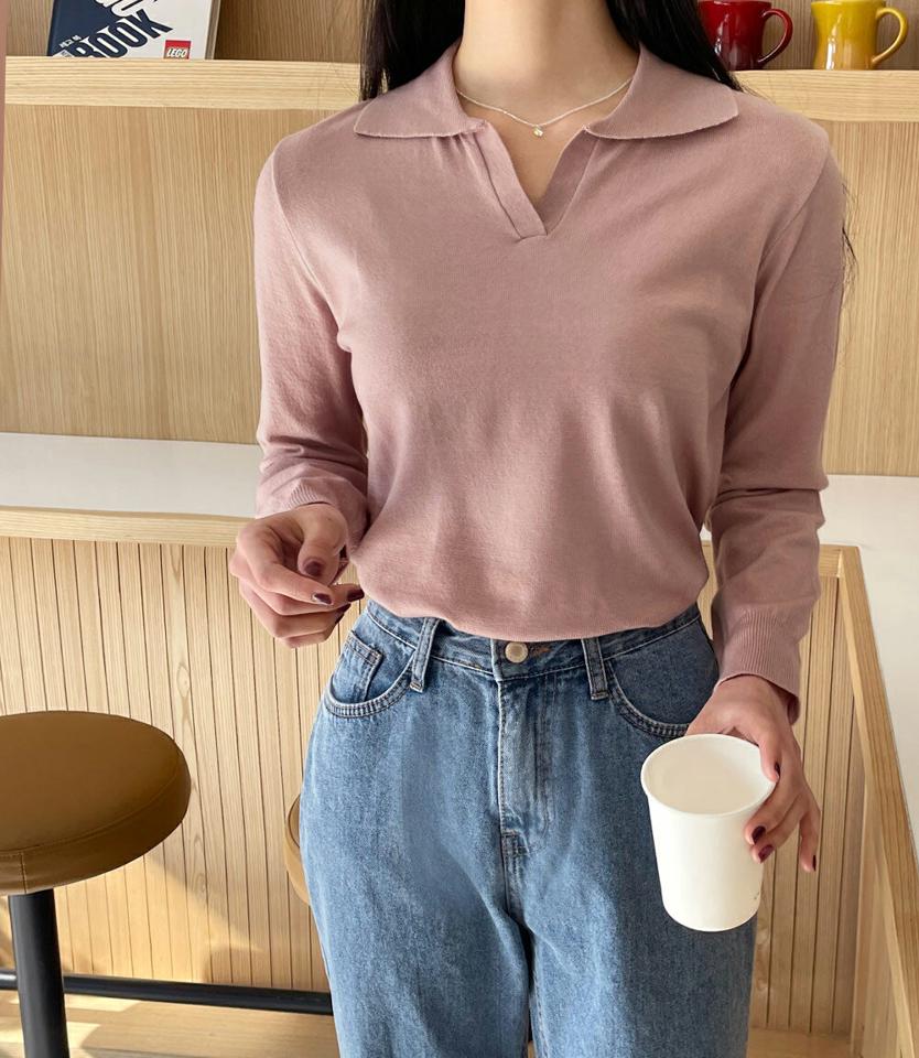 オープンカラーネックニット・全5色・t00356 レディース 【tops】韓国ファッション トップス ニット 大人 長袖 カラーネック オープンカラー スリット カラーアイテム カラーニット 無地 シンプル フェミニン カジュアル デイリー 春 秋 冬
