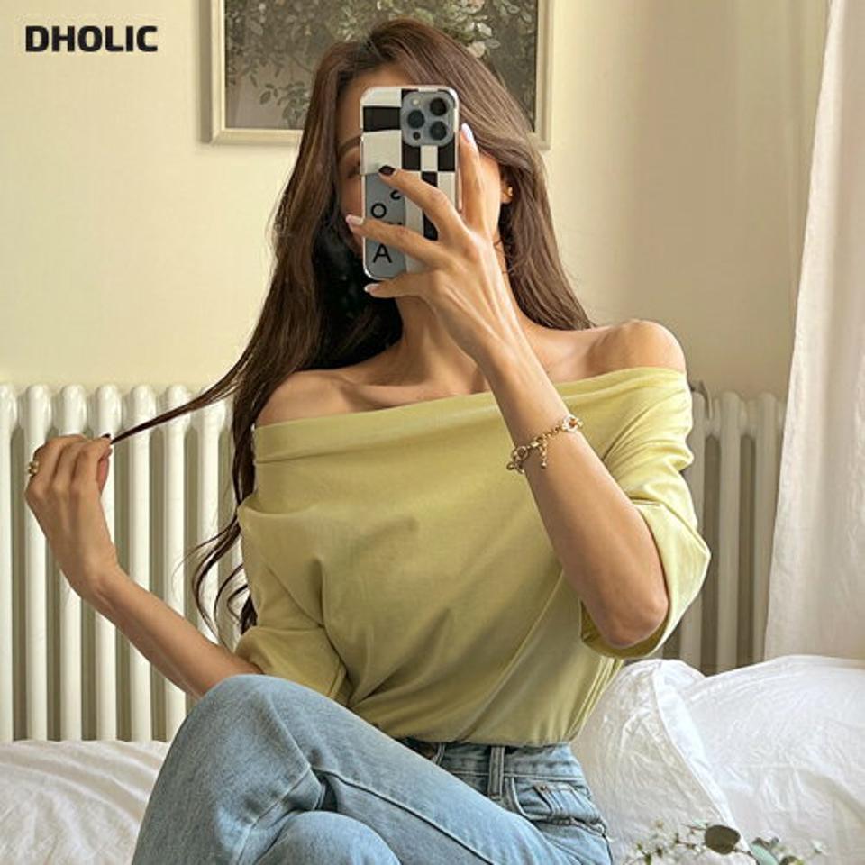 2WAYオフショル半袖Tシャツ・全4色・t66700 レディース 【tops】韓国ファッション トップス Tシャツ 大人 半袖 ボートネック オフショル スリット 無地 シンプル 体型カバー フェミニン カジュアル デイリー 春 秋 冬