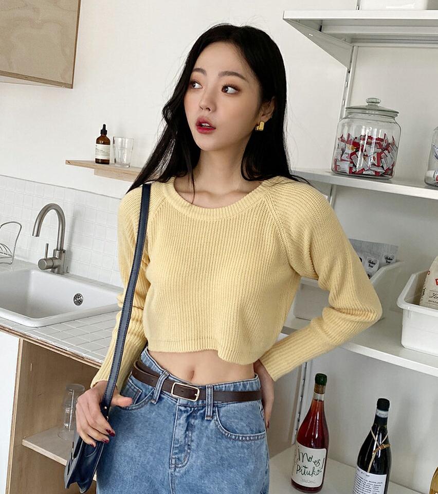 クロップドラグランニット・全5色・t02078 レディース 【tops】トップス ニット 長袖 ラウンドネック クロップド丈 スタイルアップ 単色 シンプル ベーシック へそ出し お腹 春 秋 冬 可愛い カジュアル 韓国ファッション