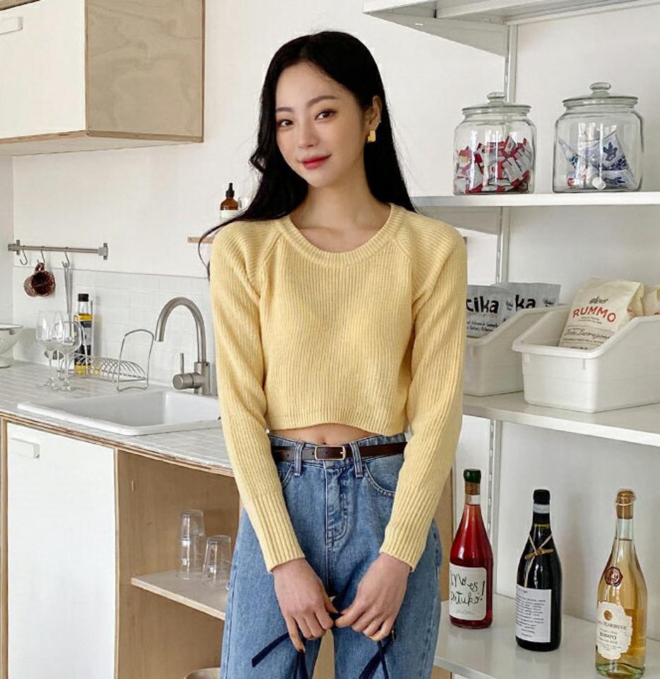 クロップドラグランニット・全5色・t02078 レディース 【tops】トップス ニット 長袖 ラウンドネック クロップド丈 スタイルアップ 単色 シンプル ベーシック へそ出し お腹 春 秋 冬 可愛い カジュアル 韓国ファッション