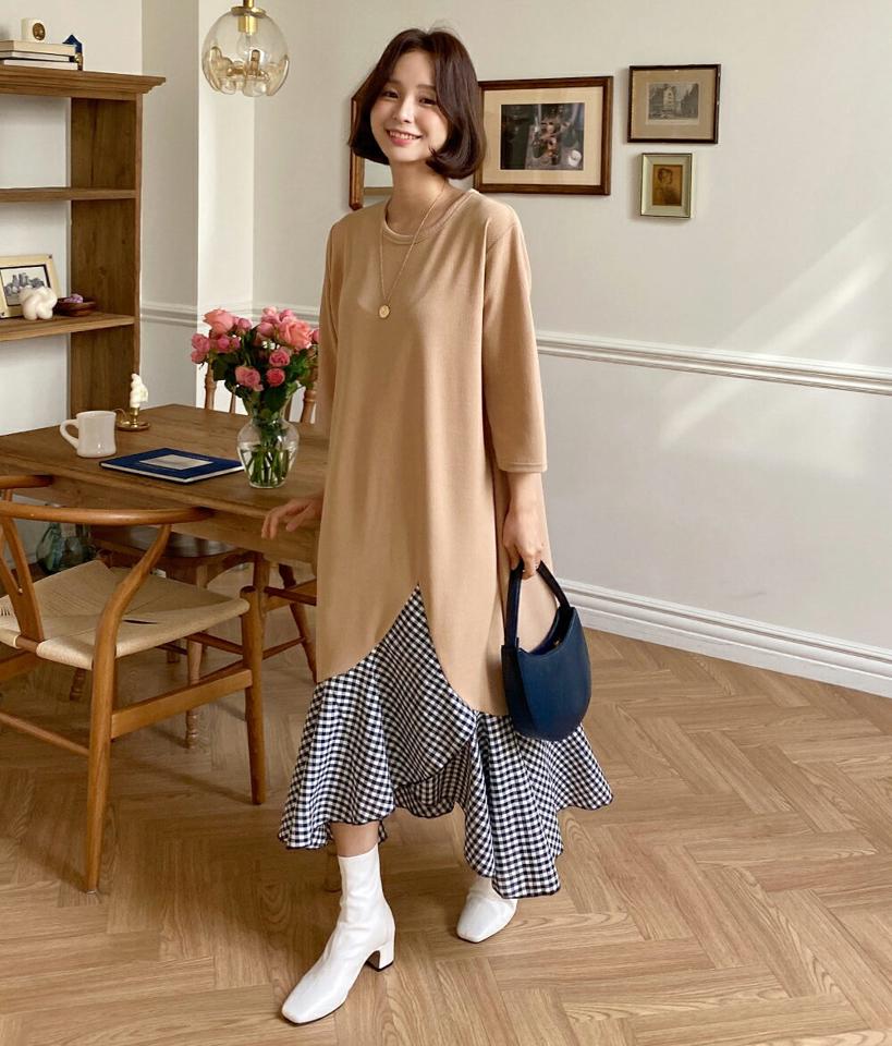 チェック配色ヘムロングワンピース・全3色・t66715 レディース 【ops】ワンピース ロング丈 ロングワンピース 長袖 アンバランス ラッフル ギンガムチェック 春 秋 冬 きれいめ かわいい ガーリー チェック柄 韓国ファッション