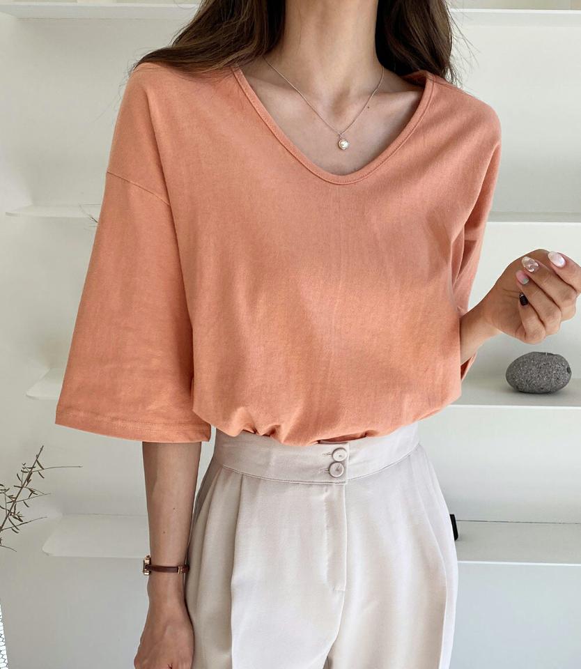 VネックスリットTシャツ・全5色・t00323 レディース 【tops】韓国ファッション トップス Tシャツ 大人 半袖 Vネック スリット 無地 ベーシック シンプル ルーズ フェミニン カジュアル デイリー 春 秋 冬
