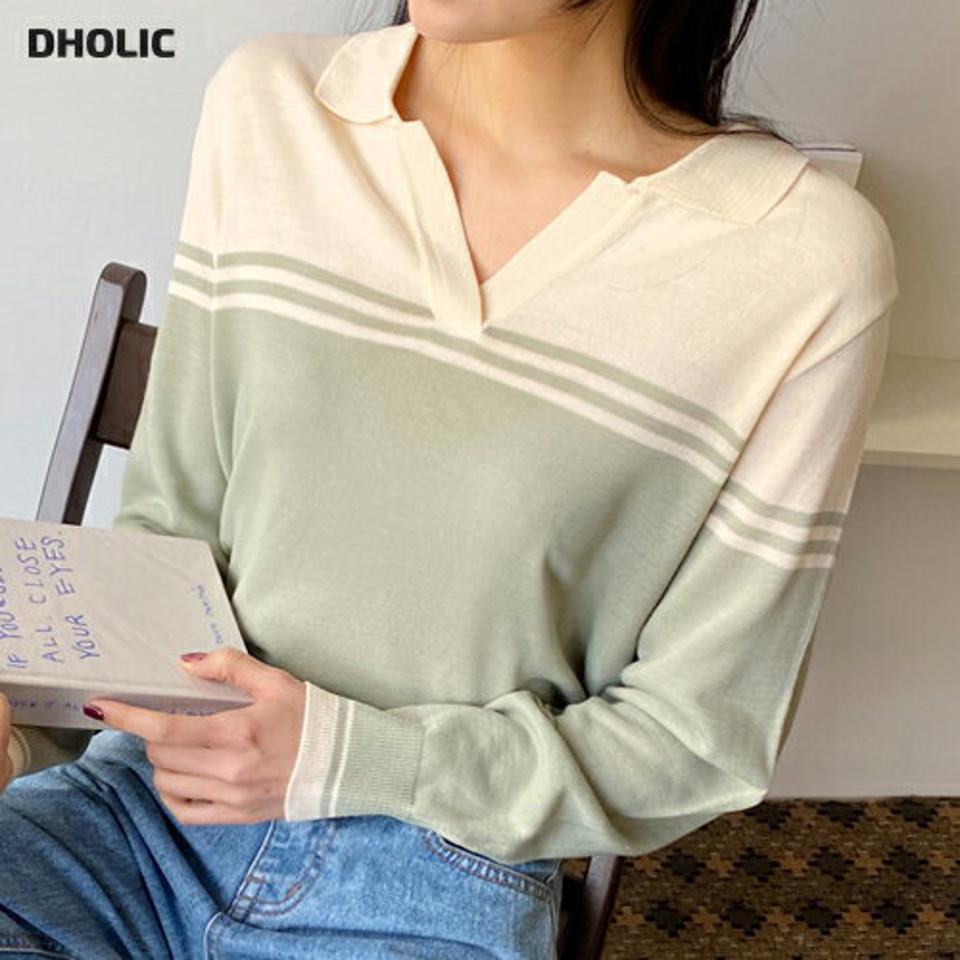 配色スキッパーカラーニット・全3色・t02077 レディース 【tops】トップス ニット 長袖 鎖骨 デコルテ 襟 ボーダー柄 配色 かわいい 可愛い スキッパー 開襟 カジュアル 春 秋 冬 韓国ファッション