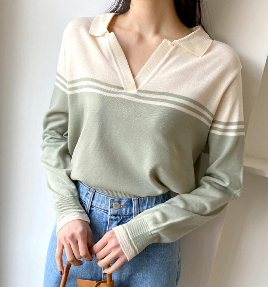 配色スキッパーカラーニット・全3色・t02077 レディース 【tops】トップス ニット 長袖 鎖骨 デコルテ 襟 ボーダー柄 配色 かわいい 可愛い スキッパー 開襟 カジュアル 春 秋 冬 韓国ファッション