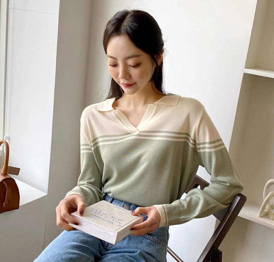 配色スキッパーカラーニット・全3色・t02077 レディース 【tops】トップス ニット 長袖 鎖骨 デコルテ 襟 ボーダー柄 配色 かわいい 可愛い スキッパー 開襟 カジュアル 春 秋 冬 韓国ファッション