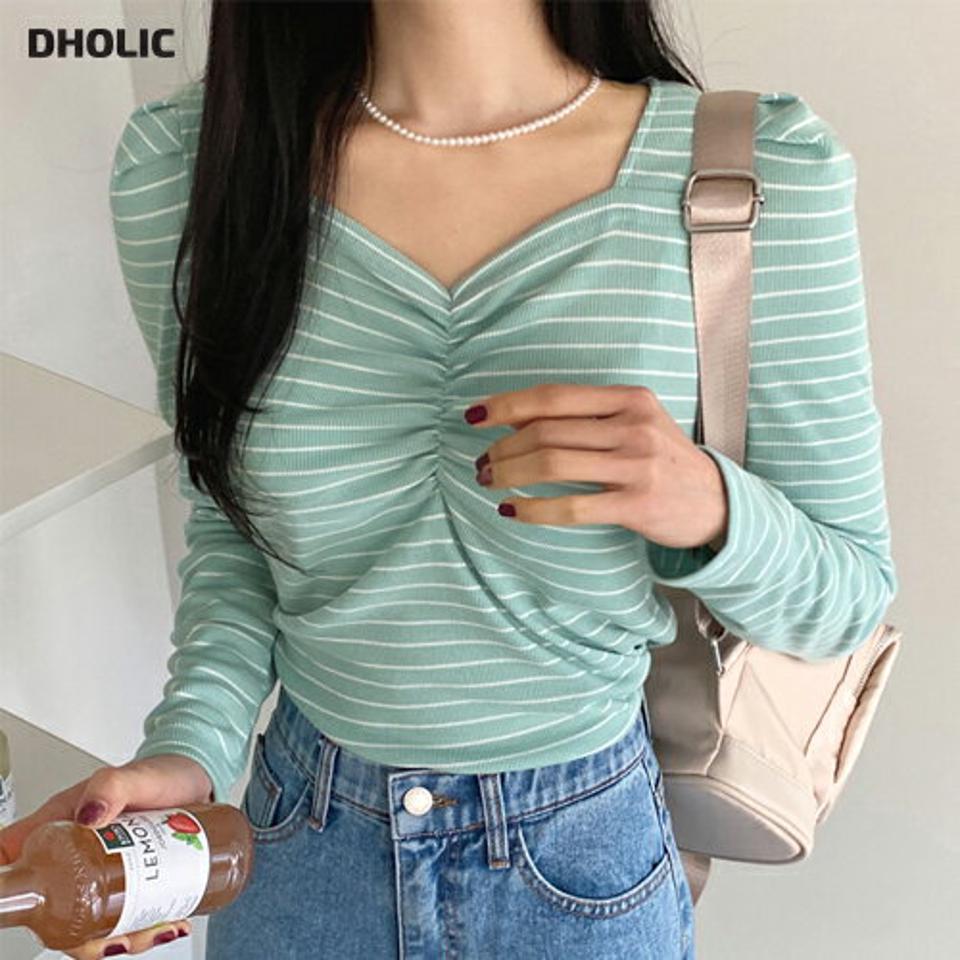 ハートネックボーダーTシャツ・全4色・t02088 レディース 【tops】トップス Tシャツ 長袖 ボーダー柄 ハートネック シャーリング パフスリーブ パステル 短め デコルテ 鎖骨 パフ袖 クロップド丈 春 秋 冬 フェミニン 可愛い ラブリー かわいい きれいめ 韓国ファッション