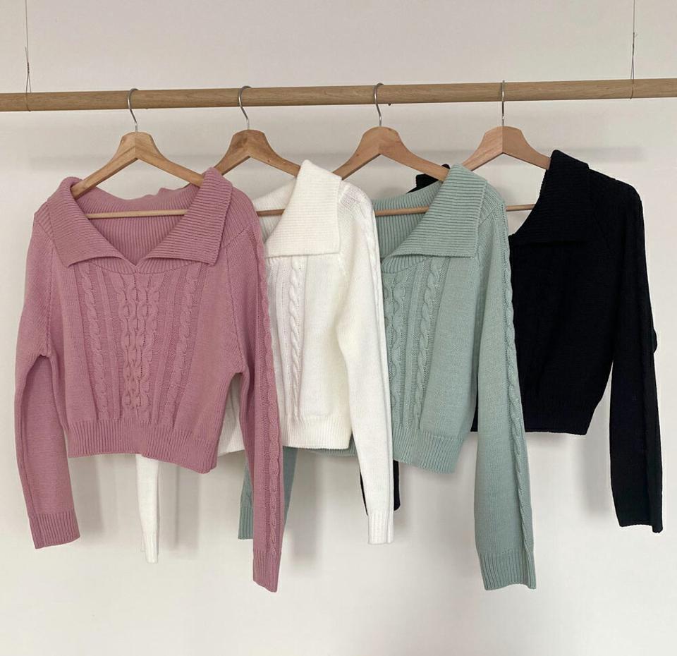 ケーブル編みカラーネックニット・全4色・t00360 レディース 【tops】韓国ファッション トップス ニット 大人 長袖 カラーネック クロップド丈 ケーブル編み シンプル フェミニン カジュアル デイリー 春 秋 冬