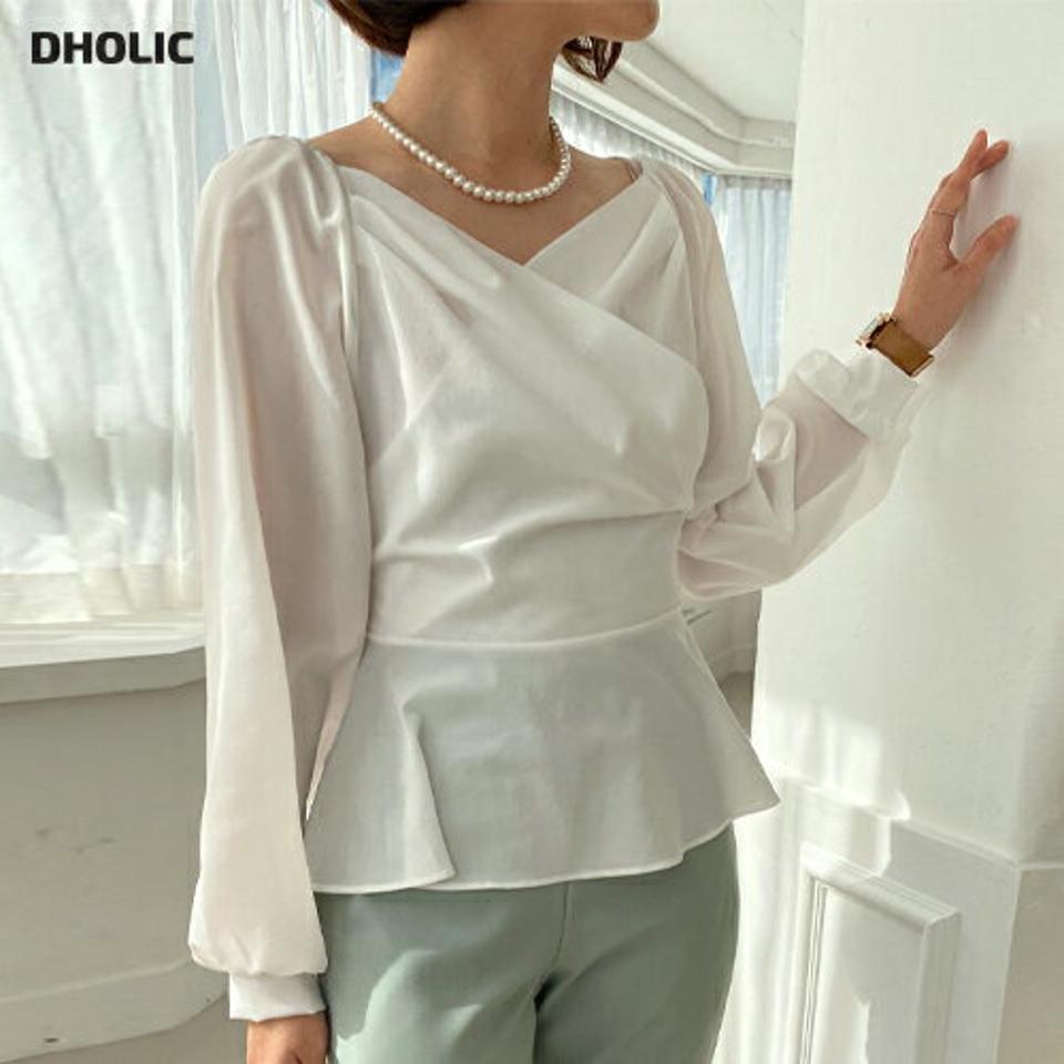 2WAYラップブラウス・全4色・t71699 レディース 【bl】トップス ブラウス 長袖 ラップデザイン オフショルダー 肩だし ハートネック デコルテ 鎖骨 フェミニン 大人 透け感 シアー シースルー 春 秋 韓国ファッション ハイホリHIHOLLI