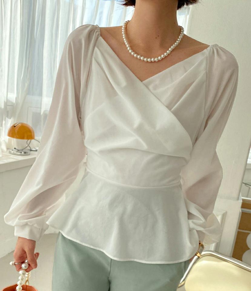 2WAYラップブラウス・全4色・t71699 レディース 【bl】トップス ブラウス 長袖 ラップデザイン オフショルダー 肩だし ハートネック デコルテ 鎖骨 フェミニン 大人 透け感 シアー シースルー 春 秋 韓国ファッション ハイホリHIHOLLI