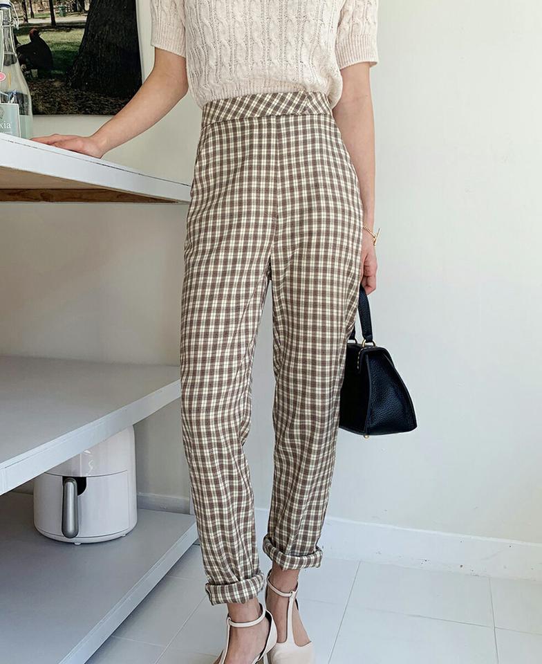 チェックスリムスラックス・全2色・t00222 レディース 【pt】パンツ ロングパンツ ズボン ガーリー スラックス スリム チェック柄 ハイウエスト 細身 テーパード 春 夏 秋 冬 カジュアル かわいい 可愛い 韓国ファッション