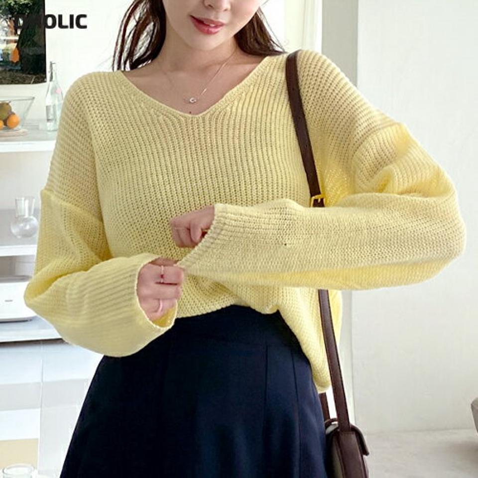 ルーズVネックフィットニット・全8色・t00214 レディース 【tops】トップス ニット 長袖 Vネック ルーズ カラーアイテム パステル ゆったり ラフ 無地 シンプル 単色 秋 冬 片落ち デコルテ 鎖骨 かわいい 可愛い カジュアル 韓国ファッション