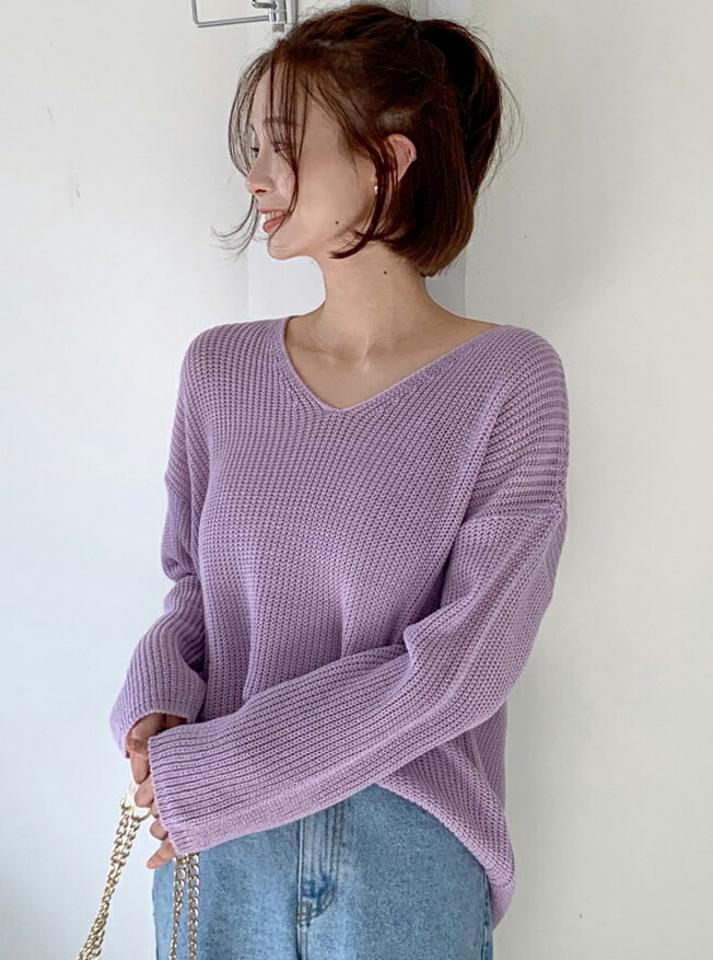 ルーズVネックフィットニット・全8色・t00214 レディース 【tops】トップス ニット 長袖 Vネック ルーズ カラーアイテム パステル ゆったり ラフ 無地 シンプル 単色 秋 冬 片落ち デコルテ 鎖骨 かわいい 可愛い カジュアル 韓国ファッション