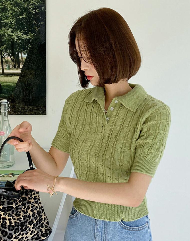 ポロカラー半袖ケーブルニット・全9色・t00234 レディース 【tops】トップス ニット ポロ襟 単色 カラーニット 半袖 ケーブル編み ボタン 春 夏 カラーアイテム 可愛い かわいい カジュアル 韓国ファッション