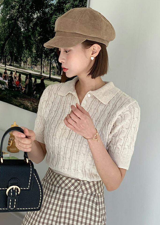 ポロカラー半袖ケーブルニット・全9色・t00234 レディース 【tops】トップス ニット ポロ襟 単色 カラーニット 半袖 ケーブル編み ボタン 春 夏 カラーアイテム 可愛い かわいい カジュアル 韓国ファッション