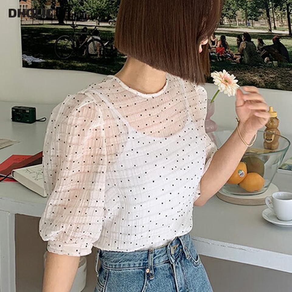 ドットハーフスリーブシアーブラウス・全3色・t00212 レディース 【bl】ブラウス トップス 透け感 半袖 シアー シースルー ガーリー クロップド丈 ドット柄 春 夏 パフ袖 パフスリーブ 上品 かわいい 可愛い フェミニン 韓国ファッション